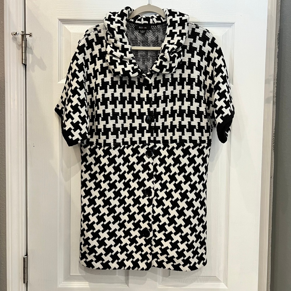 Style & Co Cardigan Cotton Acrylic Houndstooth Mod Short Sleeve Button Front L